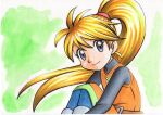  1girl bangs black_undershirt blonde_hair blue_pants closed_mouth commentary_request eyelashes floating_hair green_background grey_eyes hair_tie highres long_hair oka_mochi orange_tunic pants pokemon pokemon_adventures ponytail smile solo tied_hair traditional_media yellow_(pokemon) 