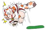  1girl animal_ears barefoot bell blush brown_hair calico cat_ears cat_tail cucumber goutokuji_mike jingle_bell jumping motion_lines multicolored_hair open_mouth orange_hair patchwork_clothes scared solo streaked_hair sweatdrop tail touhou white_hair yanagita_(daitai_2_ton) 