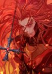  1boy armor colored_skin cross evil_grin evil_smile fei_fong_wong fiery_background fire grin hungry_clicker id_(xenogears) long_hair pale_skin red_hair smile very_long_hair white_skin xenogears yellow_eyes 