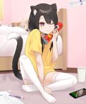 1girl animal_ear_fluff animal_ears bangs bed bed_frame bed_sheet black_hair blurry blurry_background blush bottomless cat_ears cat_girl cellphone closed_mouth commentary curtains drawing english_commentary eraser eyebrows_visible_through_hair full_body glass hand_up indoors long_hair looking_at_viewer milk no_shoes on_floor one_eye_closed original paper pencil phone pringles pringles_can purple_rug red_eyes shirt short_sleeves sitting smartphone smile solo stuffed_animal stuffed_toy svet_yomi tail thighhighs white_legwear wooden_floor yellow_shirt 