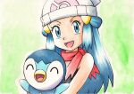  1girl :d bare_arms beanie black_shirt blue_eyes blue_hair commentary_request dawn_(pokemon) green_background hair_ornament hairclip hat holding holding_pokemon long_hair looking_at_viewer oka_mochi open_mouth piplup pokemon pokemon_(anime) pokemon_(creature) pokemon_dppt_(anime) red_scarf scarf shirt sleeveless sleeveless_shirt smile tongue traditional_media white_headwear 