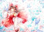  1girl arm_up ascot bangs bare_shoulders bird blue_skin bow branch brown_hair colored_skin detached_sleeves dress eyebrows_visible_through_hair flying hair_between_eyes hair_ornament hair_tubes hakurei_reimu hand_up leaf long_hair long_sleeves open_mouth red_bow red_dress red_eyes red_footwear sanuo shoes sitting smile socks solo touhou white_background white_legwear wide_sleeves wings yellow_neckwear 