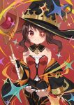  1girl :3 alternate_costume boots brown_hair commentary corset detached_collar eyepatch fingerless_gloves gloves hat highres holding holding_staff kono_subarashii_sekai_ni_shukufuku_wo! megumin nut_megu red_corset red_eyes red_skirt skirt solo staff thigh_boots thighhighs witch_hat 