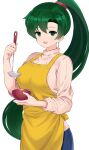  1girl alternate_costume apron blue_pants blush casual commentary contemporary denim earrings eyebrows_visible_through_hair fire_emblem fire_emblem:_the_blazing_blade green_eyes green_hair highres holding holding_ladle jeans jewelry kocha_(jgug7553) ladle long_hair long_sleeves looking_at_viewer lyn_(fire_emblem) open_mouth pants pink_sweater ponytail ribbed_sweater simple_background smile solo sweater turtleneck turtleneck_sweater very_long_hair white_background yellow_apron 