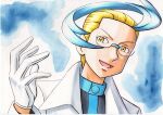  1boy :d black_jacket blonde_hair blue_background blue_hair colress_(pokemon) commentary_request glasses gloves highres jacket labcoat long_sleeves male_focus multicolored_hair oka_mochi open_mouth pokemon pokemon_(game) pokemon_bw2 short_hair smile solo tongue traditional_media two-tone_hair upper_body white_gloves yellow_eyes 