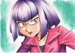  1girl bangs black_shirt blunt_bangs collarbone commentary_request glasses green_background highres jacket matori_(pokemon) oka_mochi open_mouth pokemon pokemon_(anime) pokemon_xy_(anime) purple_eyes purple_hair purple_jacket shirt short_hair solo team_rocket tongue traditional_media upper_body 