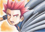  1boy blue_jacket cape clenched_hand commentary_request grey_cape grey_eyes highres jacket lance_(pokemon) long_sleeves looking_up male_focus oka_mochi open_mouth orange_background pink_hair pokemon pokemon_(game) pokemon_hgss short_hair solo spiked_hair tongue traditional_media turtleneck turtleneck_jacket upper_body upper_teeth 