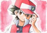  1boy badge bangs baseball_cap black_shirt brown_eyes brown_hair closed_mouth commentary_request hand_on_headwear hand_up hat highres male_focus oka_mochi pink_background pokemon pokemon_(game) pokemon_rgby popped_collar red_(pokemon) red_headwear shirt short_hair solo spiked_hair traditional_media upper_body white_shirt 