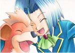  1boy :d ascot bangs blue_hair blue_jacket closed_eyes commentary_request green_neckwear growlithe happy highres jacket james_(pokemon) male_focus oka_mochi open_mouth pokemon pokemon_(anime) pokemon_(classic_anime) pokemon_(creature) shirt short_hair smile tongue upper_body white_background white_shirt 