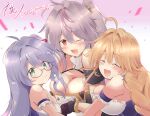  3girls ahoge anniversary azur_lane bare_shoulders blonde_hair blush breasts cleavage commentary_request creator_connection glasses green_eyes grenville_(azur_lane) hair_ornament highres l&#039;opiniatre_(azur_lane) large_breasts le_temeraire_(azur_lane) long_hair looking_at_viewer multicolored_hair multiple_girls one_side_up open_mouth purple_hair red_eyes small_breasts smile tonchinkan very_long_hair 
