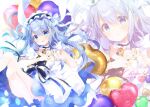  1girl alternate_costume balloon black_choker blue_eyes blue_hair blush buttons choker dress eyebrows_visible_through_hair gochuumon_wa_usagi_desu_ka? hair_between_eyes hair_ornament heart heart_balloon heart_hands kafuu_chino long_hair mocha_(naturefour) multiple_views open_mouth short_sleeves smile sparkle white_dress x_hair_ornament 