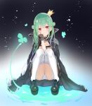  1girl :t absurdres asymmetrical_hair black_choker black_coat black_dress blush choker coat coat_on_shoulders crown double_bun dress epaulettes ereshkigal_(fate) flat_chest frilled_legwear frilled_straps garter_straps gradient_hair green_hair hand_on_own_cheek hand_on_own_face head_rest highres hololive knees_up mini_crown multicolored_hair off-shoulder_dress off_shoulder panties pantyshot platform_footwear platform_heels popped_collar pout purple_hair red_eyes shoes sidelocks sideways_glance sitting solo spika thighhighs tilted_headwear twintails underwear uneven_twintails upskirt uruha_rushia virtual_youtuber white_garter_straps white_legwear white_panties 