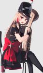  1girl absurdres black_gloves black_legwear blonde_hair blush bow dress_bow eyebrows_visible_through_hair girls&#039;_frontline gloves highres hinami047 holding holding_instrument instrument long_hair looking_at_viewer m4_sopmod_ii_(girls&#039;_frontline) marching_band multicolored_hair open_mouth red_bow red_eyes sitting smile solo thighhighs tuba uniform white_background 