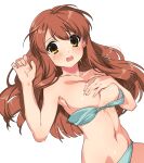  1girl asahina_mikuru bangs bikini blush breasts brown_eyes brown_hair collarbone commentary_request covering covering_breasts eyebrows_visible_through_hair green_bikini hand_on_own_chest hands_up highres hotaru_iori ichimi_renge large_breasts linea_alba long_hair looking_at_viewer navel open_mouth second-party_source simple_background solo suzumiya_haruhi_no_yuuutsu swimsuit wardrobe_malfunction wavy_mouth white_background 