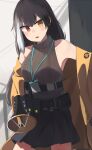  1girl bare_shoulders black_hair black_skirt blush brown_sweater_vest eyebrows_visible_through_hair girls&#039;_frontline heterochromia highres hinami047 holding holding_megaphone jacket jacket_pull long_hair looking_at_viewer megaphone mod3_(girls&#039;_frontline) multicolored_hair open_mouth red_eyes ro635_(girls&#039;_frontline) simple_background skirt solo standing yellow_eyes yellow_jacket 