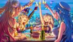 4girls absurdres ahoge alcohol animal_ears aomaru_kazumi bangs bare_shoulders birthday_cake black_nails blonde_hair blue_hair blurry blurry_background blush braid cake candle champagne champagne_bottle champagne_flute cityscape closed_eyes cup double_bun drinking_glass eyebrows_visible_through_hair flower food fox_ears fox_girl french_braid gloves gradient_hair grey_hair hair_between_eyes hair_flower hair_ornament hairclip hat heart_ahoge highres holding holding_cup hololive jester_cap lion_ears lion_girl long_hair momosuzu_nene multicolored_hair multiple_girls nepolabo night omaru_polka open_mouth orange_nails outstretched_arm pink_hair pointy_ears red_gloves shishiro_botan smile streaked_hair two_side_up virtual_youtuber white_headwear yukihana_lamy 