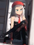  1girl beret black_legwear blue_eyes breasts closed_mouth dress eyebrows_visible_through_hair girls&#039;_frontline gun h&amp;k_mp5 hat highres hinami047 holding holding_weapon long_hair looking_away mp5_(girls&#039;_frontline) necktie pantyhose red_footwear red_headwear red_neckwear shoes silver_hair small_breasts solo submachine_gun weapon 