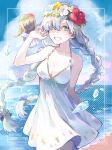  1girl anastasia_(fate) anastasia_(swimsuit_archer)_(fate) bangs bare_shoulders beach blue_eyes blue_sky blush bow braid breasts cleavage collarbone doll dress dress_swimsuit fate/grand_order fate_(series) flower_wreath grin hair_bow hair_over_one_eye hairband head_wreath highres ice large_breasts long_hair looking_at_viewer poppoman shore silver_hair sky smile thighs twin_braids very_long_hair viy_(fate) white_dress 