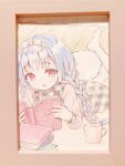  1girl :o bangs blue_hair blush book book_stack bow braid chitosezaka_suzu commentary_request cup dress eyebrows_visible_through_hair grey_dress hair_bow highres holding holding_book long_hair long_sleeves looking_at_viewer low_twintails lying mug no_shoes on_stomach open_book original parted_lips photo_(medium) picture_frame pink_shirt plaid plaid_dress red_eyes shirt sleeveless sleeveless_dress solo thighhighs traditional_media twin_braids twintails very_long_hair white_bow white_legwear wooden_floor 