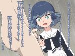 1boy 1girl blue_hair clothed_female_nude_male green_eyes highres himekawa_fubuki humiliation nude partially_translated penis small_penis small_penis_humiliation translation_request youkai_watch 