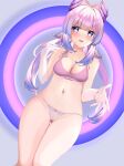  1girl absurdres blue_eyes blush bra breasts cameltoe cleavage genshin_impact highres looking_at_viewer midriff navel niduannowu open_mouth panties pink_bra pink_hair sangonomiya_kokomi short_shorts shorts smile solo stomach thighhighs thighs underwear white_panties 