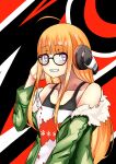  1girl absurdres ahoge arm_up bangs bare_shoulders behind-the-head_headphones black_tank_top black_undershirt blunt_bangs blush coat eyebrows_visible_through_hair fur-trimmed_coat fur-trimmed_hood fur_trim glasses green_coat hand_on_headwear hand_up happy headphones highres hime_cut hood hood_down hooded_coat long_hair long_sleeves myjiq off-shoulder_shirt off_shoulder open_mouth orange_hair persona persona_5 purple_eyes sakura_futaba shirt simple_background smile solo t-shirt tank_top teeth white_shirt 