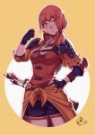  1girl backlighting benoit_picard breasts cleavage cowboy_shot english_commentary fingerless_gloves fire_emblem fire_emblem:_three_houses gloves hand_on_hip highres leonie_pinelli medium_breasts orange_eyes orange_hair quiver short_shorts shorts solo white_background yellow_background 
