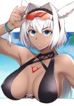  1girl black_swimsuit blue_eyes breasts caenis_(fate) caenis_(swimsuit_rider)_(fate) dark-skinned_female dark_skin eyebrows_visible_through_hair fate/grand_order fate_(series) hair_between_eyes hair_ornament highres large_breasts looking_at_viewer mku ornament ponytail short_hair sunglasses swimsuit tattoo white_hair 