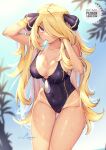  1girl adjusting_hair arms_up ass_visible_through_thighs bare_shoulders black_swimsuit blonde_hair blue_sky blurry blurry_background breasts cameltoe cleavage collared_shirt cynthia_(pokemon) feet_out_of_frame food hair_ornament hair_over_one_eye highres large_breasts liremi_art long_hair messy_hair midriff navel one-piece_swimsuit patreon_username pearl_(gemstone) pokemon pokemon_(game) pokemon_dppt popsicle see-through shiny shiny_skin shirt sidelocks signature skin_tight sky solo swimsuit tan tanlines thighhighs tree very_long_hair wet yellow_eyes 