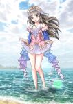  1girl atelier_(series) atelier_totori bare_shoulders beach breasts brown_hair cloud detached_sleeves dress hat long_hair looking_at_viewer mark2u open_mouth see-through skirt smile solo totooria_helmold 