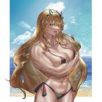  1girl abs absurdres bangs bare_shoulders beach biceps bikini black_bikini blonde_hair blue_sky blush breast_hold breasts cleavage collarbone crossed_arms fairy_knight_gawain_(fate) fate/grand_order fate_(series) green_eyes highres horns huge_filesize large_breasts long_hair looking_at_viewer muscular muscular_female navel open_mouth red_bikini shore sky solo striped striped_bikini swimsuit the_freeman thick_thighs thighs toned 