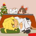  2girls bangs benikurage_(cookie) black_gloves blonde_hair blue_bow bow breasts brown_hair christmas_tree cleavage closed_mouth commentary_request cookie_(touhou) detached_sleeves frilled_hair_tubes frills gloves green_eyes hair_bow hair_tubes hakurei_reimu handheld_game_console inmu-kun kirisame_marisa kotatsu long_hair looking_at_another lying manatsu_no_yo_no_inmu mars_(cookie) medium_breasts medium_hair multiple_girls nintendo_ds on_side open_mouth parted_bangs partially_fingerless_gloves pillow red_bow red_eyes ribbon-trimmed_sleeves ribbon_trim scotch_(cookie) shirt smile star_(symbol) table touhou upper_body wavy_mouth white_shirt white_sleeves yen_sign 