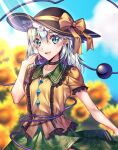  1girl arm_up black_choker blue_eyes blue_sky breasts choker cloud collarbone eyebrows_visible_through_hair field floral_print flower flower_field gem_oblivion green_skirt hair_between_eyes hat hat_ribbon komeiji_koishi light_blue_hair looking_at_viewer open_mouth ribbon rose_print shirt short_hair short_sleeves skirt sky small_breasts smile solo sunflower sunlight touhou yellow_shirt 