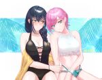  2girls absurdres bangs bikini black_hair black_swimsuit blue_bikini blue_eyes blush braid breasts center_opening ear_piercing earrings french_braid frilled_bikini frills hair_between_eyes hair_over_shoulder halter_top halterneck head_tilt highres jewelry large_breasts long_hair looking_at_another looking_at_viewer mismatched_bikini multi-strapped_bikini multiple_girls nijisanji nose_blush one-piece_swimsuit oteyama9116 palm_tree piercing pink_hair ring shawl short_hair side-by-side sitting swept_bangs swimsuit tree white_bikini wristband yamagami_karuta yellow_eyes yuri yuuhi_riri 