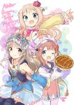  3girls atelier_(series) atelier_meruru atelier_totori blue_eyes blue_sleeves blush brown_hair closed_mouth crown detached_sleeves dress food hat highres long_hair looking_at_viewer merurulince_rede_arls minidraco multiple_girls open_mouth pie pink_hair purple_eyes rororina_fryxell skirt smile totooria_helmold younger 