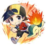  1boy backwards_hat bangs baseball_cap black_hair black_pants capri_pants chibi commentary_request cyndaquil ethan_(pokemon) fire grey_bag grey_eyes grey_footwear grin hat highres jacket long_sleeves looking_at_viewer male_focus pants peron_(niki2ki884) pointing pokemon pokemon_(creature) pokemon_(game) pokemon_hgss red_jacket shiny shiny_hair shoes smile teeth twitter_username watermark 