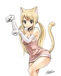  1girl animal_ears artist_name bare_shoulders bell blonde_hair breasts brown_eyes cat_ears cat_girl cat_tail cleavage collar dress elbow_gloves eyebrows_visible_through_hair fairy_tail gloves large_breasts looking_at_viewer lucy_heartfilia mashima_hiro neck_bell paw_pose simple_background sleeveless smile solo standing tail twintails watermark white_background 