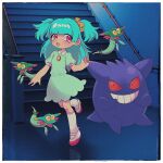  1girl bangs blunt_bangs blush commentary_request dreepy dress gengar green_dress green_hair hair_ornament hair_scrunchie hand_up highres indoors kneehighs leg_up long_hair looking_down open_mouth pink_eyes pokemon pokemon_(anime) pokemon_(creature) poketoon railing scrunchie shinomoto_(chocoloooool) shiny shiny_hair shoes shoko_(pokemon) stairs tongue watery_eyes white_footwear white_legwear 