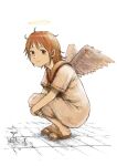  1girl absurdres angel_wings bangs brown_eyes brown_footwear brown_hair feathered_wings grey_wings haibane_renmei halo highres looking_at_viewer orange_sailor_collar rakka_(haibane) sailor_collar sandals short_hair smile solo squatting static_cling wings yasu_(shijimi_8) 