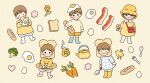  5boys bacon bag blush bread broccoli brown_hair closed_eyes cup egg flower food heart highres loaf_of_bread looking_at_viewer multiple_boys open_mouth orange_flower original red_bag shirt short_hair shoulder_bag smile sunny_side_up_egg yellow_headwear yellow_shirt yoovora 