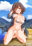  1girl akiyama_yukari aquaegg artist_name bangs barefoot beach bikini blue_coat blue_sky blush breasts brown_eyes brown_hair cloud cloudy_sky coat crotch_seam day droplet eyebrows_visible_through_hair full_body girls_und_panzer half-closed_eyes halterneck hand_in_hair highres hooded_coat kneeling leaning_to_the_side looking_at_viewer medium_breasts messy_hair mountain navel no_pants open_clothes open_coat open_mouth power_lines short_hair side-tie_bikini signature sky smile solo string_bikini swimsuit twitter_username utility_pole water wet white_bikini 