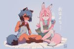  2girls ^_^ absurdres animal_ears blue_hair brand_new_animal closed_eyes commentary_request cup fox_ears fox_girl fox_tail furry furry_female hair_between_eyes highres hiwatashi_nazuna holding holding_cup huge_filesize indian_style kagemori_michiru long_hair michirutnk multiple_girls nude pink_hair raccoon_ears raccoon_girl raccoon_tail short_hair simple_background sitting steam tail translation_request 