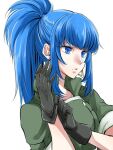 1girl adjusting_clothes adjusting_gloves bangs black_gloves blue_eyes blue_hair earrings ears gloves green_jacket high_ponytail jacket jewelry leona_heidern long_hair military military_uniform ponytail shino-o simple_background solo the_king_of_fighters triangle_earrings uniform watermark web_address white_background 