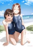  2girls absurdres arena_(company) barefoot beach blue_sky blue_swimsuit blurry breasts brown_eyes brown_hair cloud commentary_request competition_school_swimsuit covered_navel day depth_of_field facing_viewer full_body grass grin hand_on_another&#039;s_shoulder highres kneeling logo looking_at_viewer mu-pyon multiple_girls original outdoors school_swimsuit short_hair sky small_breasts smile swimsuit 