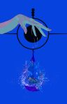  1girl absurdres blue_hair blue_theme closed_eyes highres mahou_shoujo_madoka_magica miki_sayaka popping sate_(ryu_ryu_1212m) short_hair solo surreal water water_balloon 