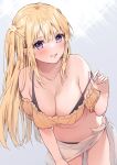  1girl bare_shoulders bikini bikini_pull bikini_under_clothes black_bikini blonde_hair blush breasts character_request cleavage clothes_pull cocoa_(cafe-hotcocoa) collarbone copyright_request cowboy_shot grin hand_on_own_thigh highres large_breasts leaning_forward long_hair looking_at_viewer navel off-shoulder_bikini off_shoulder purple_eyes smile solo swimsuit two_side_up 