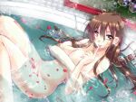  1girl bangs bath blush breasts brown_eyes brown_hair bubble closed_mouth commentary_request completely_nude covering covering_breasts feet_out_of_frame finger_to_mouth hair_between_eyes large_breasts long_hair looking_at_viewer nude original petals petals_on_liquid smile solo tanono water 