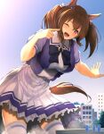  1girl animal_ears bow bowtie brown_hair building city ear_ornament eyebrows_visible_through_hair frilled_skirt frills giant giantess hachimitsu_(hachimitsu_pot) hair_ribbon highres hishi_akebono_(umamusume) horse_ears horse_girl horse_tail horseshoe_ornament long_hair one_eye_closed open_mouth pleated_skirt puffy_short_sleeves puffy_sleeves purple_neckwear purple_shirt red_eyes ribbon sailor_collar sailor_shirt school_uniform shirt short_sleeves skirt smile summer_uniform tail thighhighs tracen_school_uniform twintails umamusume white_legwear white_ribbon white_skirt 