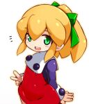  1girl blonde_hair dress green_eyes green_ribbon hair_ribbon karukan_(monjya) long_hair looking_at_viewer mega_man_(classic) mega_man_(series) open_mouth ponytail red_dress red_skirt ribbon roll_(mega_man) simple_background skirt smile solo white_background 