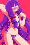  1girl arm_up armpits bangs bikini blue_bow blunt_bangs blush bow cigarette clenched_hand commentary contrapposto cookie_(touhou) cowboy_shot flat_chest grin highres long_hair looking_at_viewer multi-tied_hair navel nose_blush patchouli_knowledge purple_bikini purple_eyes purple_hair red_background red_bow scotch_(cookie) side-tie_bikini simple_background smile solo swimsuit taisa_(cookie) tentacle_hair touhou very_long_hair 